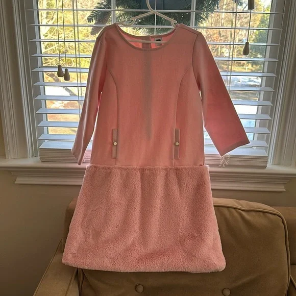 knee length dresses for ladies Janie & Jack Cream & Gold Long Sleeve Sweater Dress with Ruffle Details Down Front and On Wrist/Neck. Size 18-24M main image 1